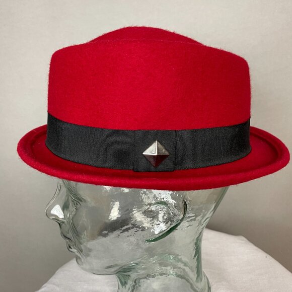 Pork Pie Hat Wool Felt Red Black Trim Medium Large Short Brim Women - Picture 1 of 13